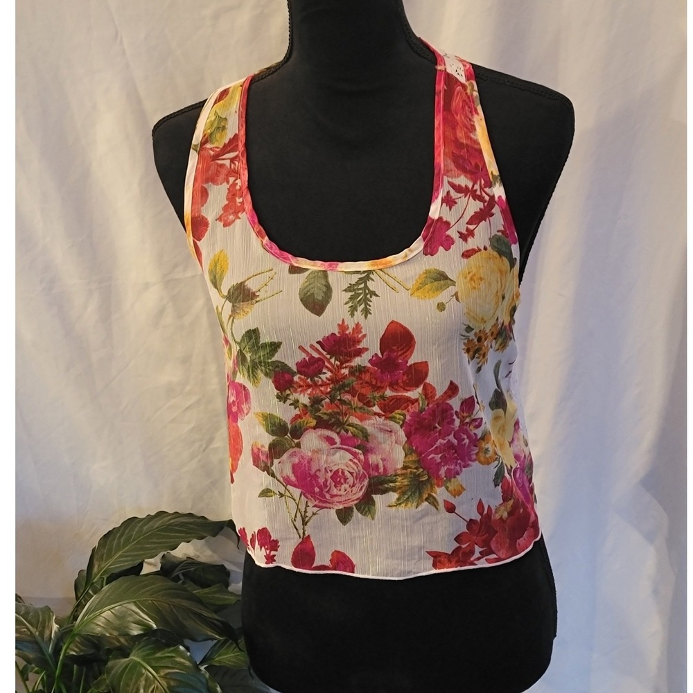 Delias Floral Lace Back Tank Top Small Sheer Metallic Racerback Crop Pink Yellow